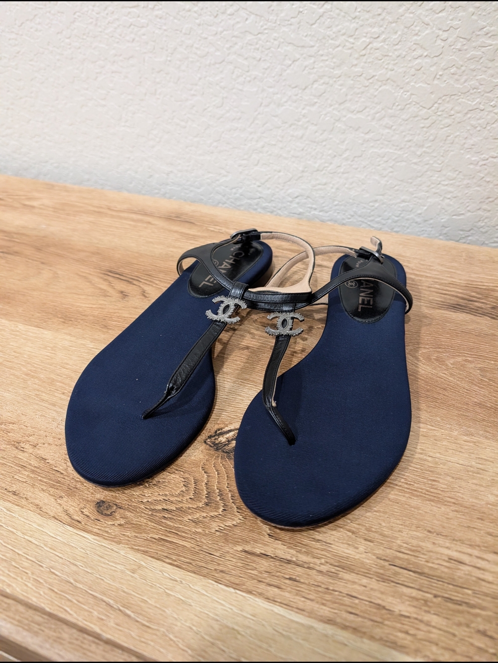 Chanel Navy Blue T-Strap Sandals with CC Logo
